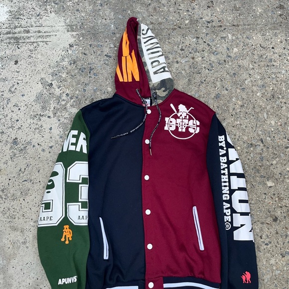 Aape by Bathing Ape Button Snap Hooded Hooded Varsity Jacket Multi Color L - Picture 1 of 11
